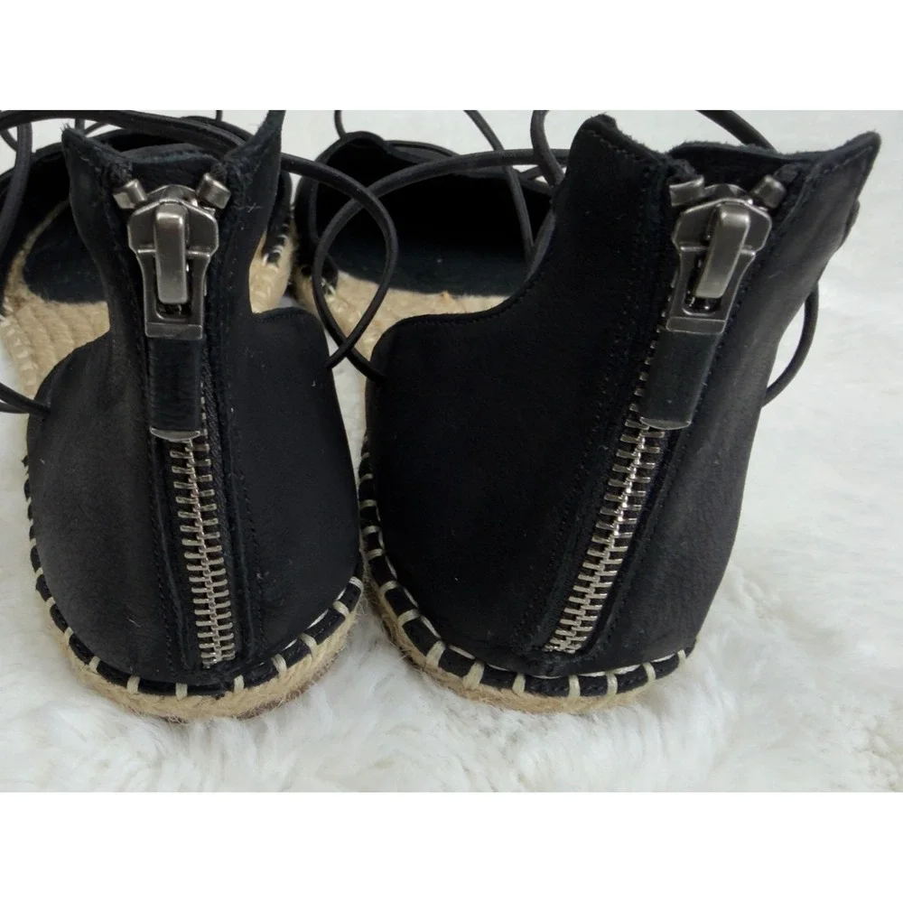 Eileen Fisher Black Leather Lace Up Espadrille Sandals Ankle Wrap Size 11